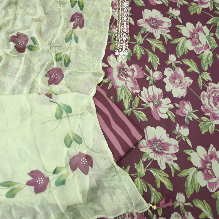 Sunaina Mahogany Wine Moti Work Patch in Floral Printed Cotton Suit Set
