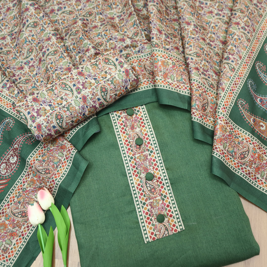 Afsana Green with Button Work Digital Printed Hem Semi Pashmina WInter Set