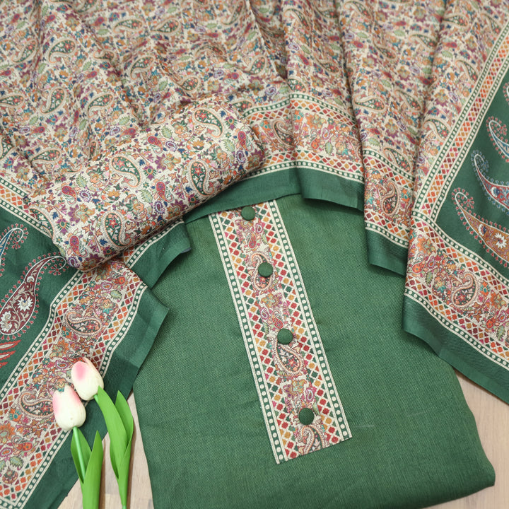 Afsana Green with Button Work Digital Printed Hem Semi Pashmina WInter Set