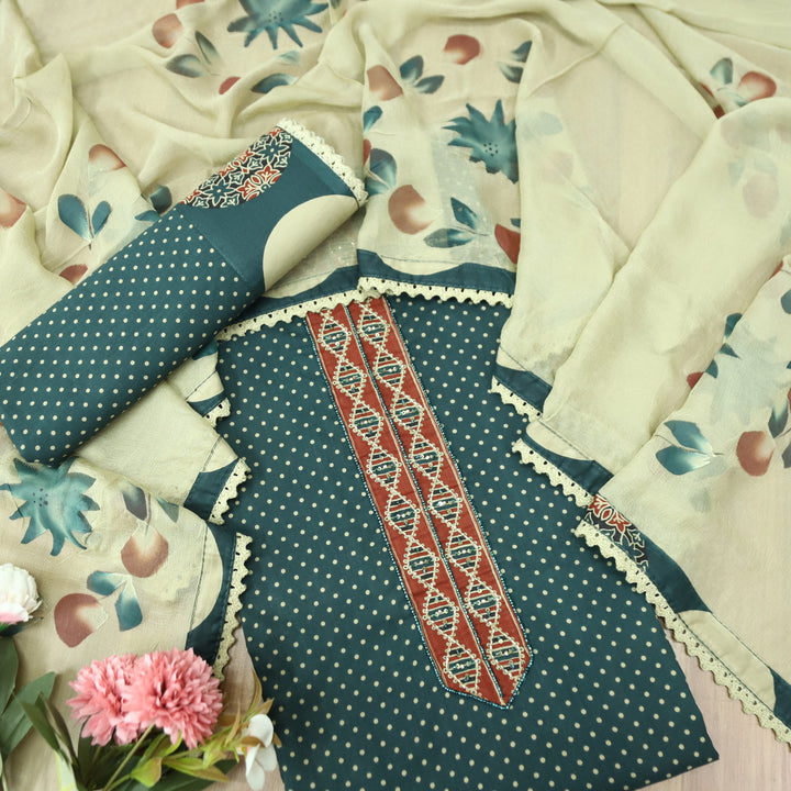 Sunaina Pine Green Kardana with Moti Work Panel with Polka Dot Print Cotton Set