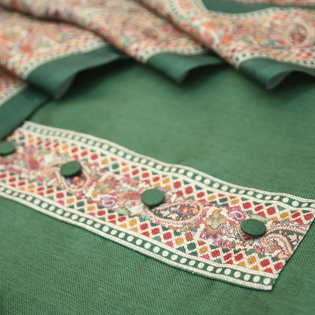 Afsana Green with Button Work Digital Printed Hem Semi Pashmina WInter Set