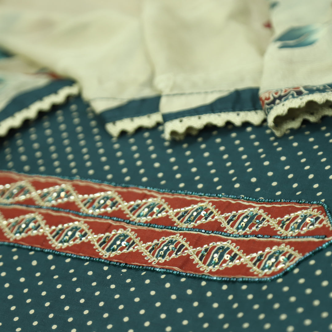 Sunaina Pine Green Kardana with Moti Work Panel with Polka Dot Print Cotton Set