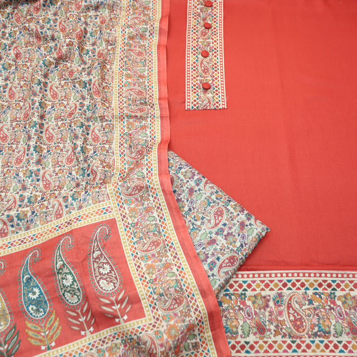Afsana Coral with Button Work Digital Printed Hem Semi Pashmina WInter Set