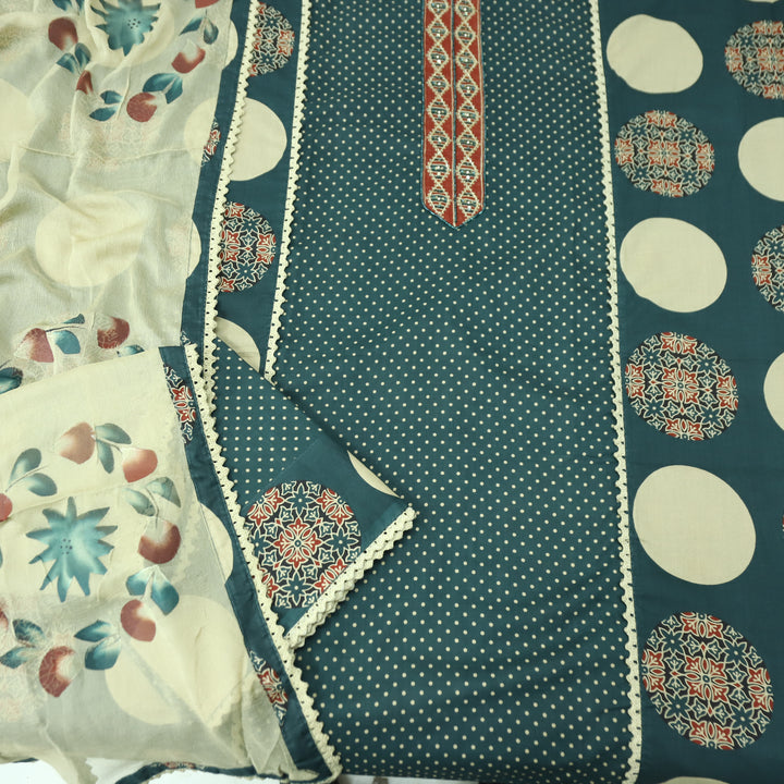 Sunaina Pine Green Kardana with Moti Work Panel with Polka Dot Print Cotton Set