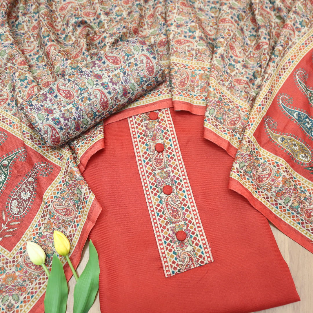 Afsana Coral with Button Work Digital Printed Hem Semi Pashmina WInter Set