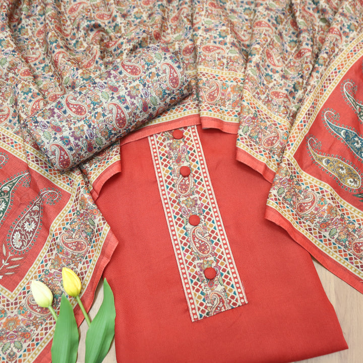 Afsana Coral with Button Work Digital Printed Hem Semi Pashmina WInter Set