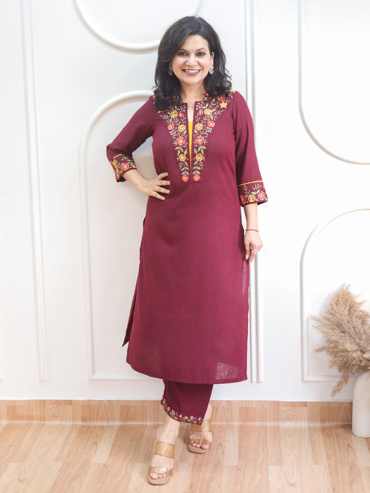 Narzia Burgundy Wine Embroidered Neck with Collar Linen Co-ord Set