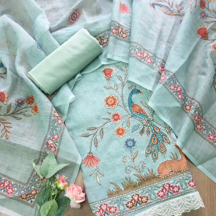 Sufnaa Delum Sky Blue Digital Peacock Printed with Kantha Work Cotton Linen Suit Set