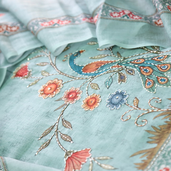 Sufnaa Delum Sky Blue Digital Peacock Printed with Kantha Work Cotton Linen Suit Set