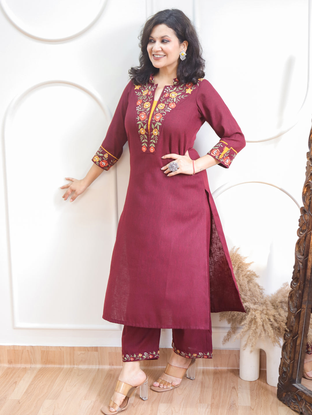 Narzia Burgundy Wine Embroidered Neck with Collar Linen Co-ord Set