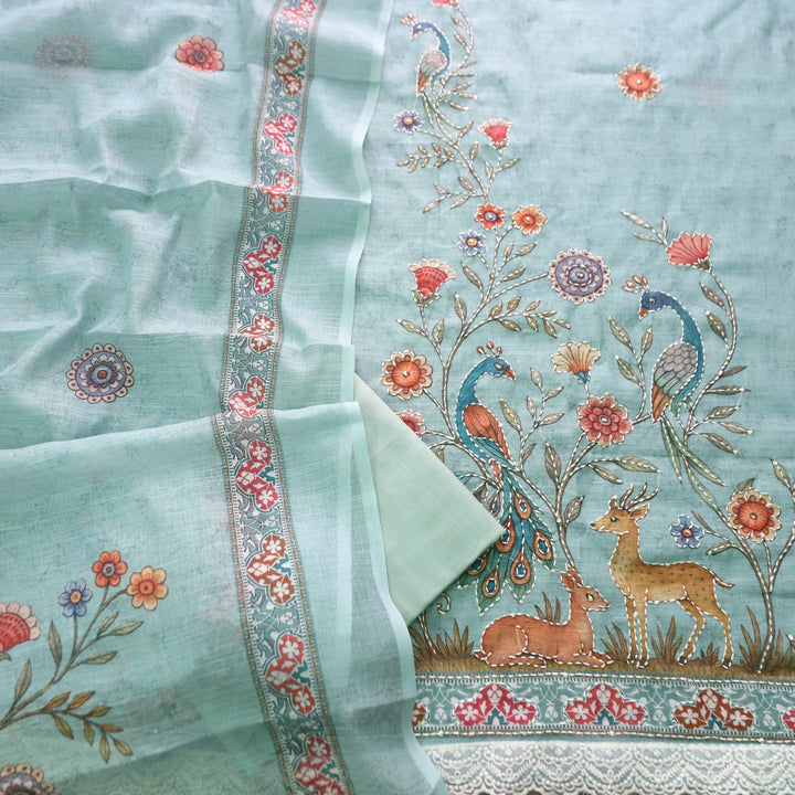 Sufnaa Delum Sky Blue Digital Peacock Printed with Kantha Work Cotton Linen Suit Set