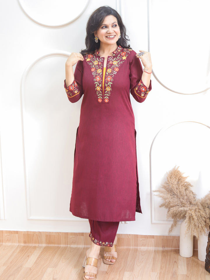 Narzia Burgundy Wine Embroidered Neck with Collar Linen Co-ord Set