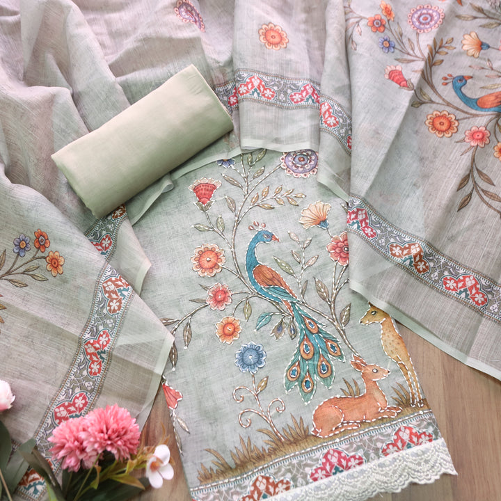 Sufnaa Frappe Tan Digital Peacock Printed with Kantha Work Cotton Linen Suit Set