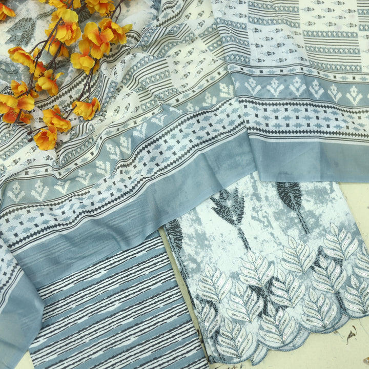 Reshmi Breeze Grey Thread Embroidered Hem Digital Print Cotton Suit Set