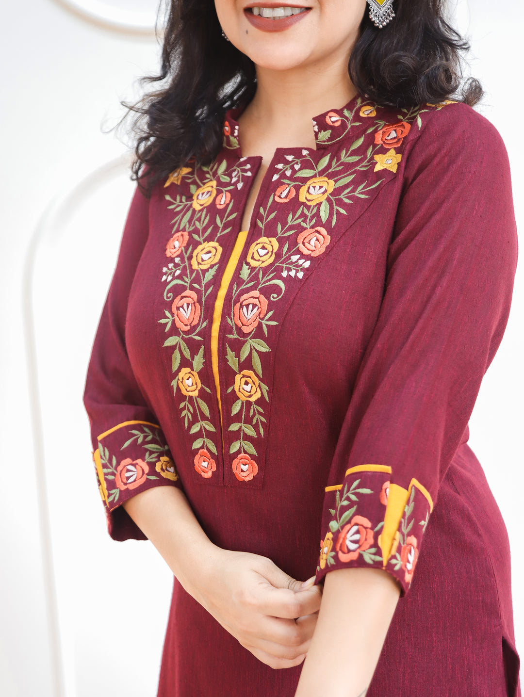 Narzia Burgundy Wine Embroidered Neck with Collar Linen Co-ord Set