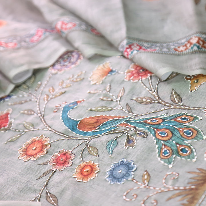 Sufnaa Frappe Tan Digital Peacock Printed with Kantha Work Cotton Linen Suit Set
