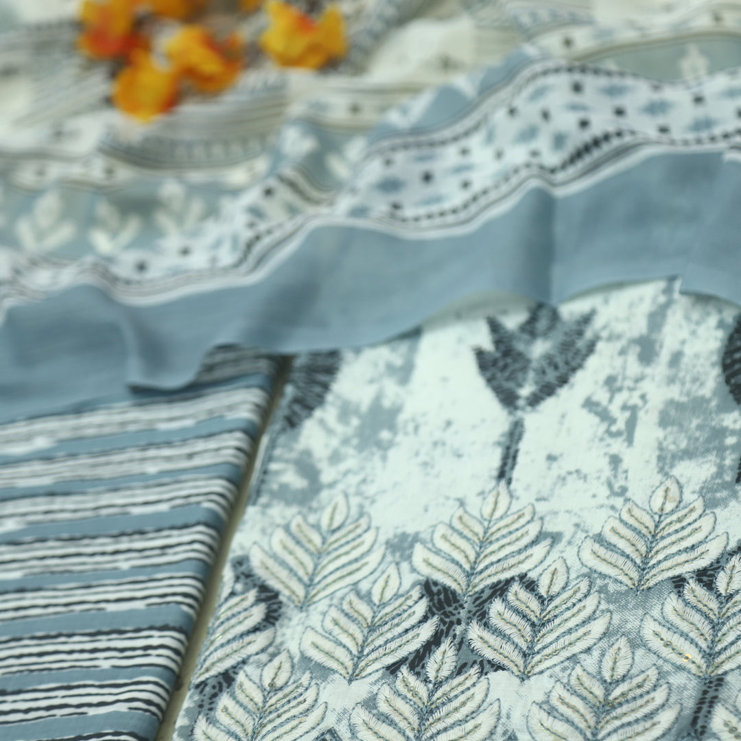 Reshmi Breeze Grey Thread Embroidered Hem Digital Print Cotton Suit Set