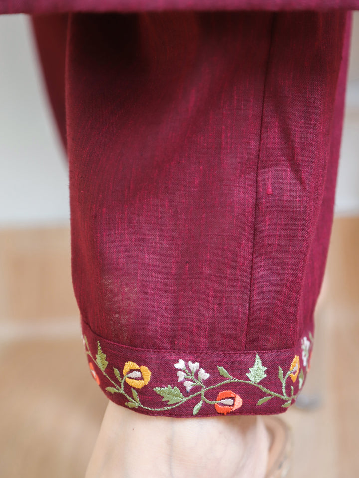 Narzia Burgundy Wine Embroidered Neck with Collar Linen Co-ord Set