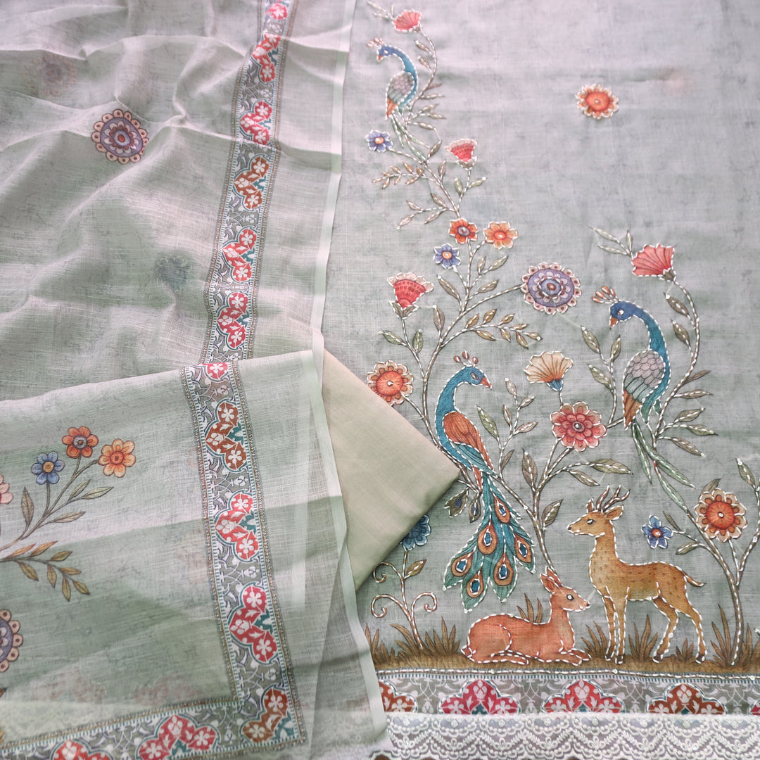 Sufnaa Frappe Tan Digital Peacock Printed with Kantha Work Cotton Linen Suit Set