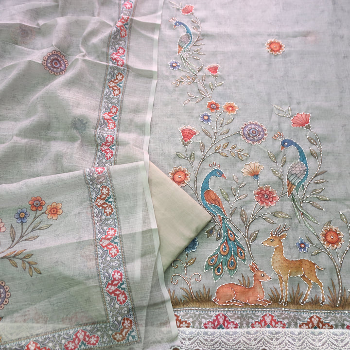 Sufnaa Frappe Tan Digital Peacock Printed with Kantha Work Cotton Linen Suit Set