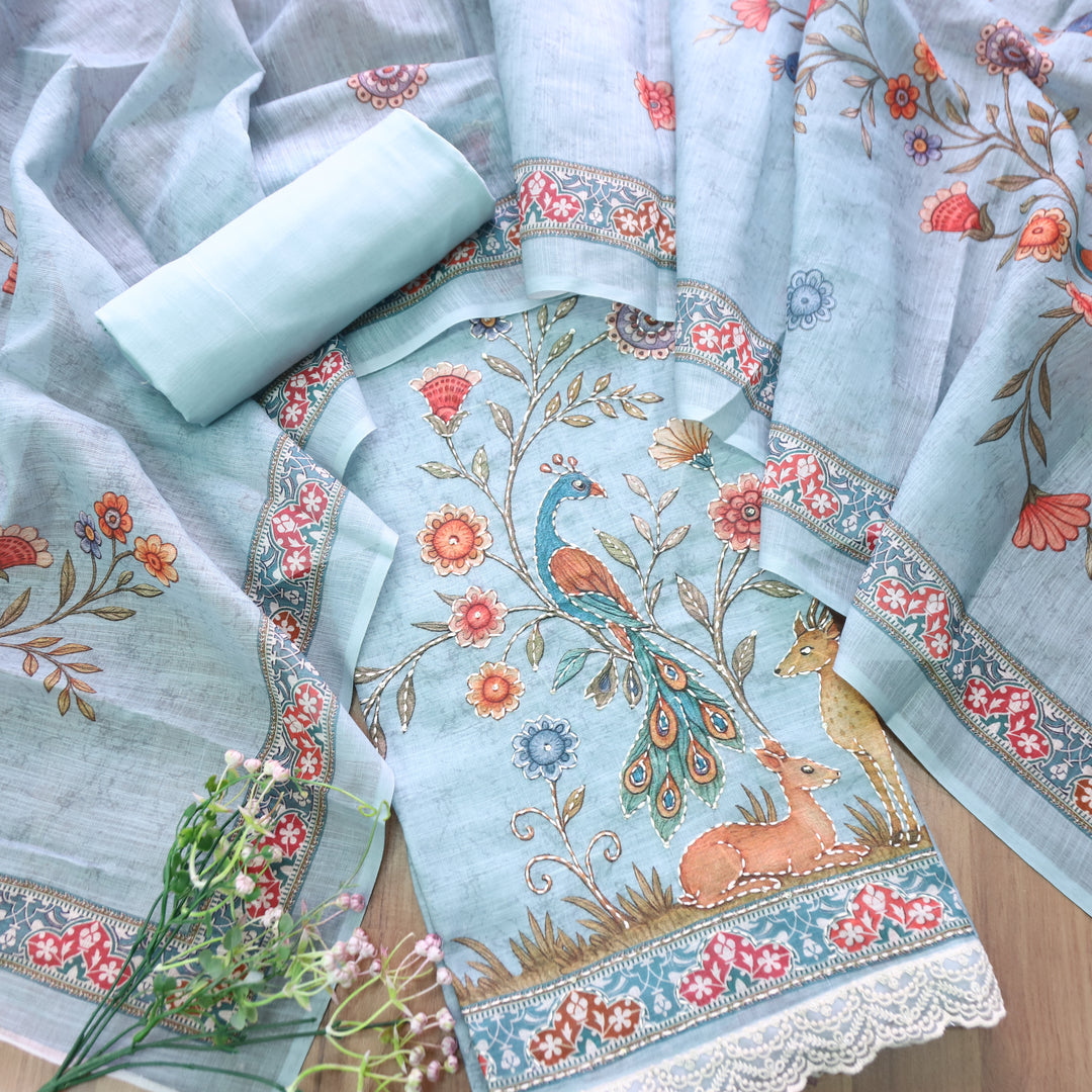 Sufnaa Powder Blue Digital Peacock Printed with Kantha Work Cotton Linen Suit Set