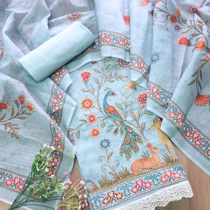 Sufnaa Powder Blue Digital Peacock Printed with Kantha Work Cotton Linen Suit Set