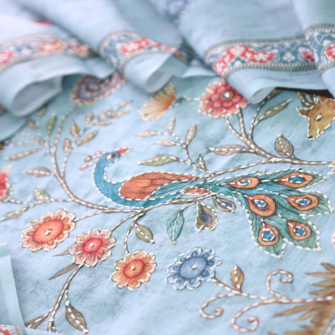 Sufnaa Powder Blue Digital Peacock Printed with Kantha Work Cotton Linen Suit Set