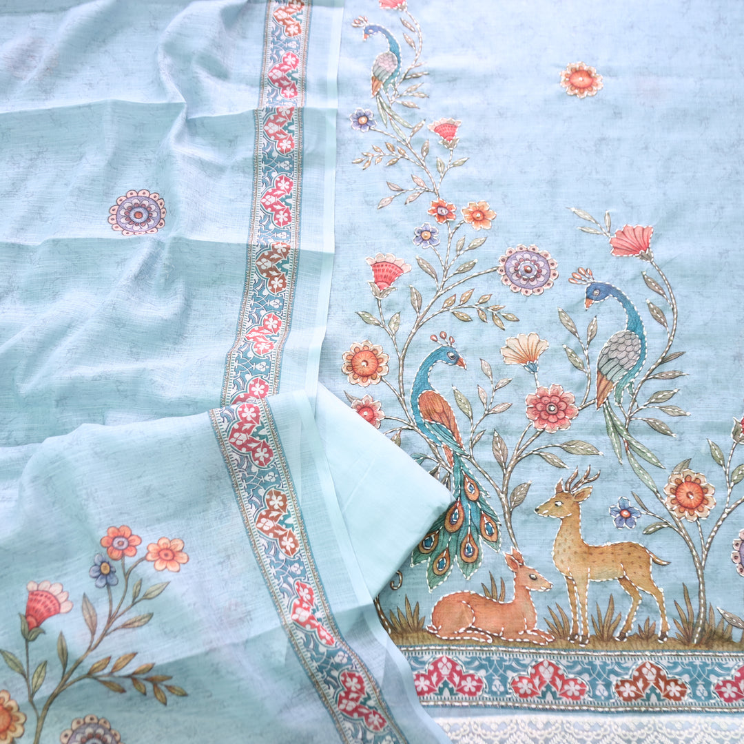 Sufnaa Powder Blue Digital Peacock Printed with Kantha Work Cotton Linen Suit Set