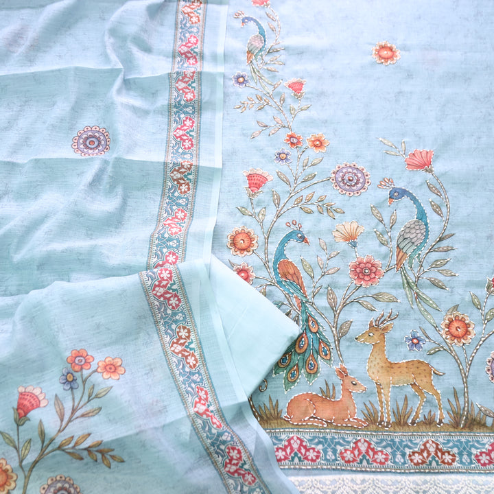 Sufnaa Powder Blue Digital Peacock Printed with Kantha Work Cotton Linen Suit Set