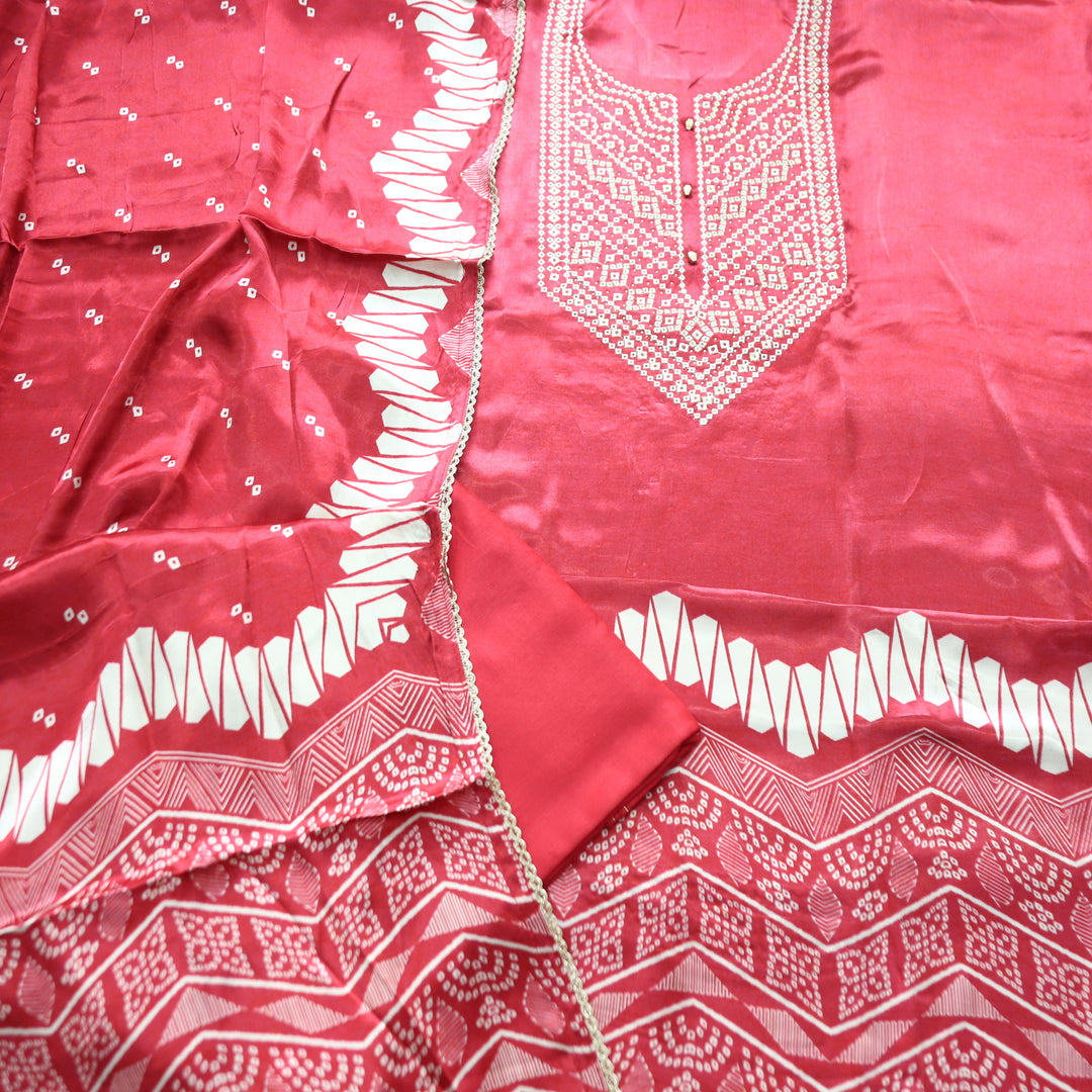Rajrani Chrome Pink Thread Embroidered Printed Gajji Silk 3 Piece Set