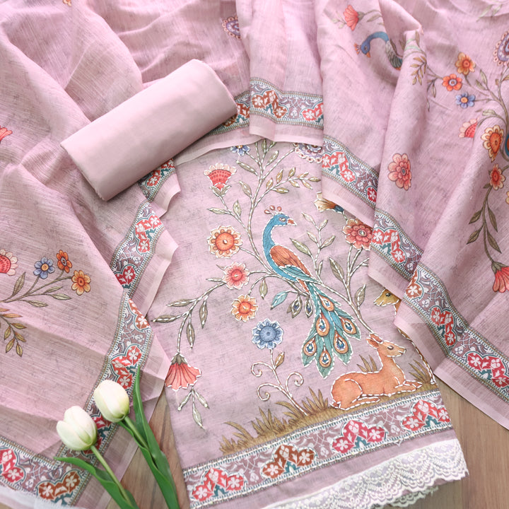 Sufnaa Mauve Lilac Digital Peacock Printed with Kantha Work Cotton Linen Suit Set