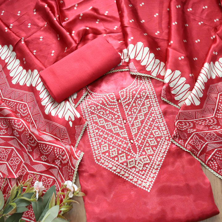 Rajrani Chrome Pink Thread Embroidered Printed Gajji Silk 3 Piece Set