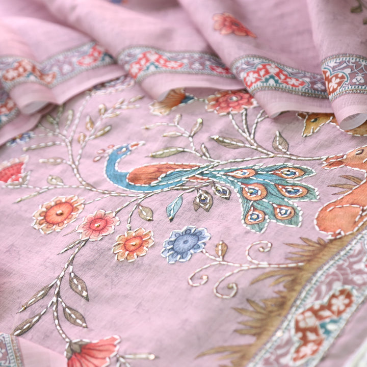 Sufnaa Mauve Lilac Digital Peacock Printed with Kantha Work Cotton Linen Suit Set
