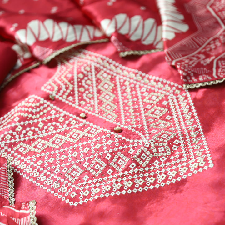 Rajrani Chrome Pink Thread Embroidered Printed Gajji Silk 3 Piece Set