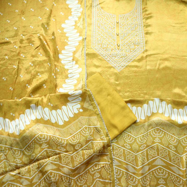 Rajrani Dijon Yellow Thread Embroidered Printed Gajji Silk 3 Piece Set