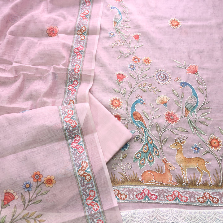 Sufnaa Mauve Lilac Digital Peacock Printed with Kantha Work Cotton Linen Suit Set