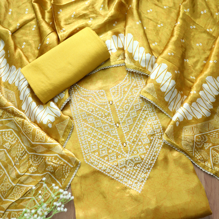 Rajrani Dijon Yellow Thread Embroidered Printed Gajji Silk 3 Piece Set