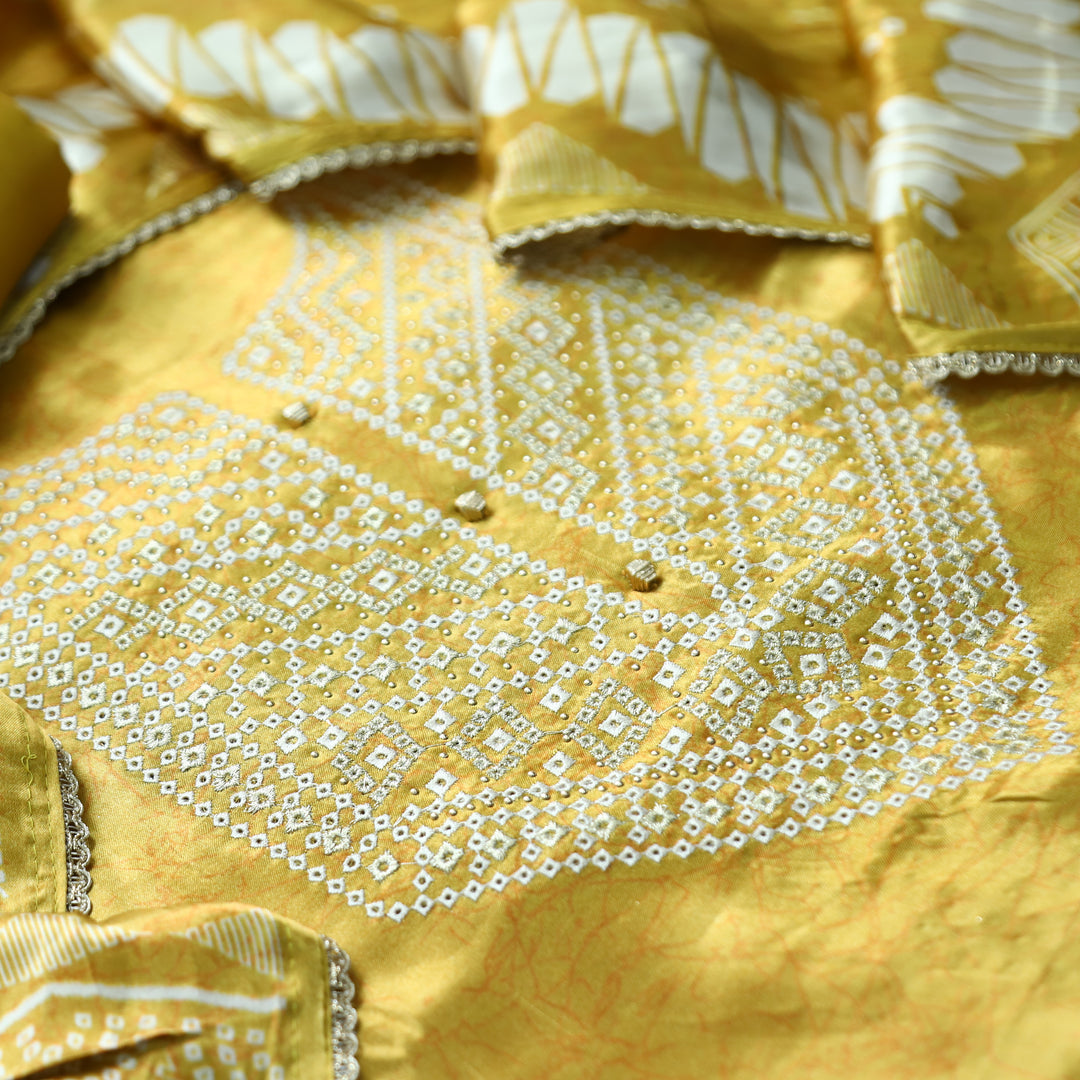 Rajrani Dijon Yellow Thread Embroidered Printed Gajji Silk 3 Piece Set