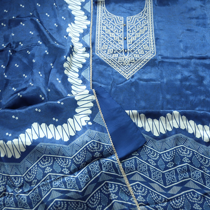 Rajrani Royal Blue Thread Embroidered Printed Gajji Silk 3 Piece Set