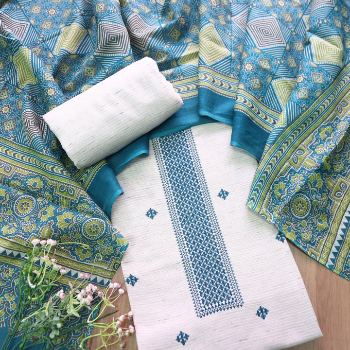 Aathiya Shell White with Blue Thread Embroidered and Buti Work Cotton Suit Set