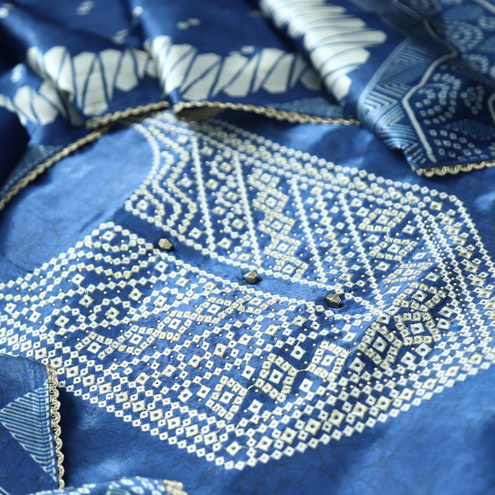 Rajrani Royal Blue Thread Embroidered Printed Gajji Silk 3 Piece Set
