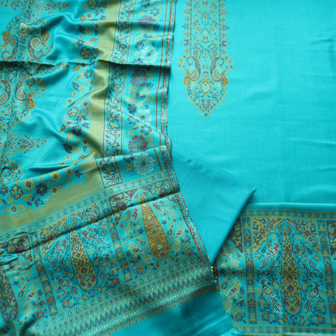 Darshani Aqua Blue Thread with Zari Neck Work Semi Pashmina Winter Set