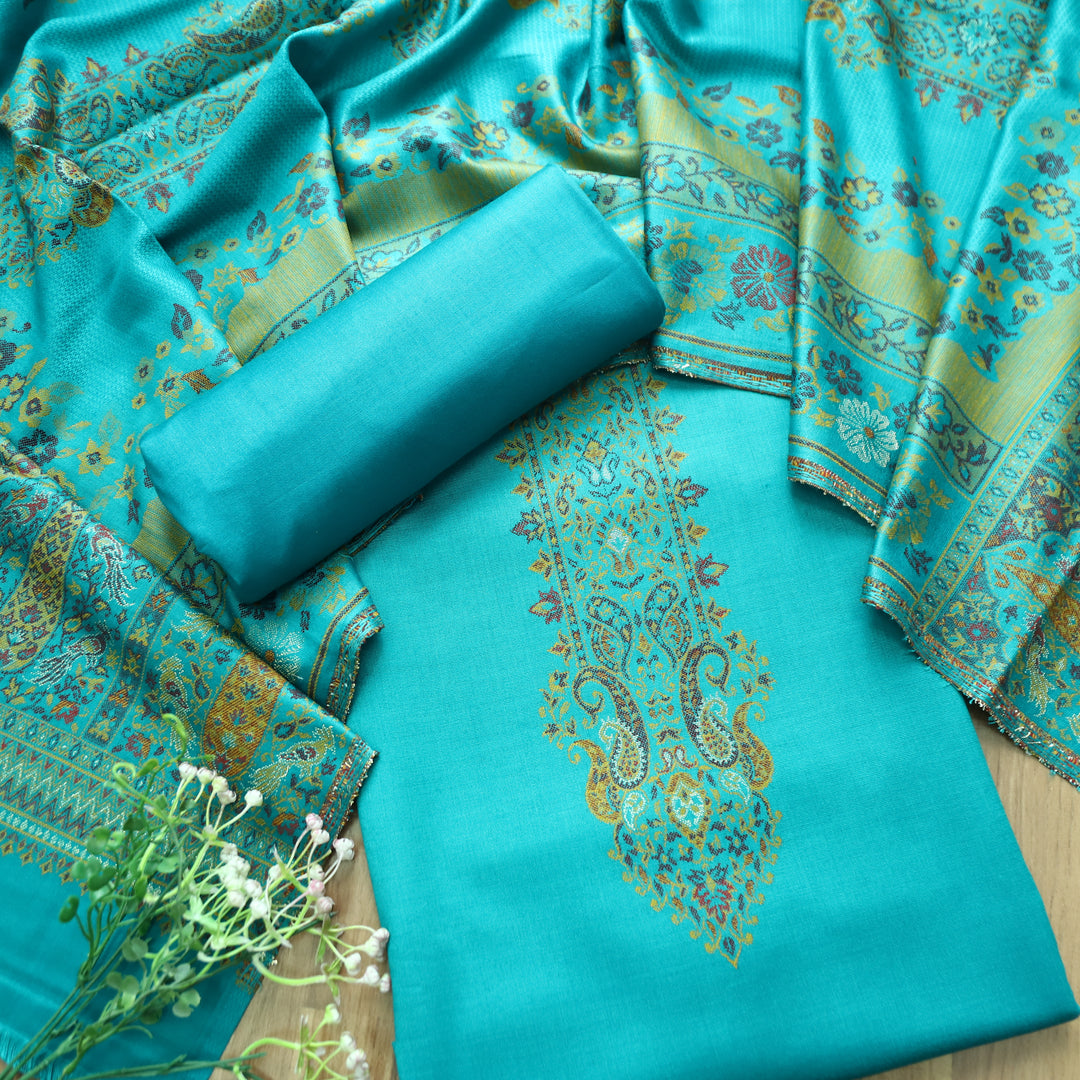 Darshani Aqua Blue Thread with Zari Neck Work Semi Pashmina Winter Set