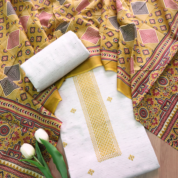 Aathiya Shell White with Yellow Thread Embroidered and Buti Work Cotton Suit Set