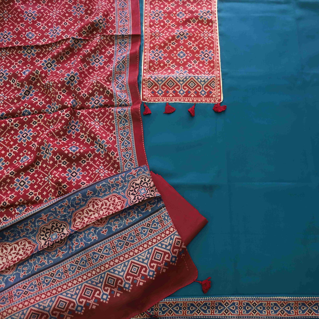 Zulfat Peacock Blue Glazed Cotton Top and Printed Mashru Dupatta-D1