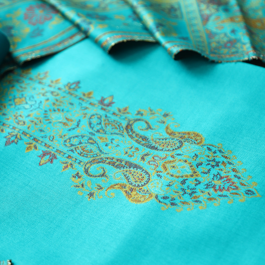 Darshani Aqua Blue Thread with Zari Neck Work Semi Pashmina Winter Set