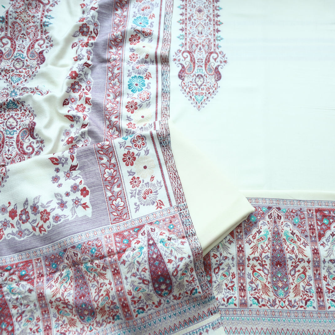 Darshani Pearl White Thread with Zari Neck Work Semi Pashmina Winter Set