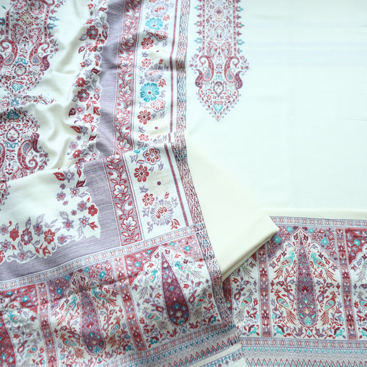 Darshani Pearl White Thread with Zari Neck Work Semi Pashmina Winter Set