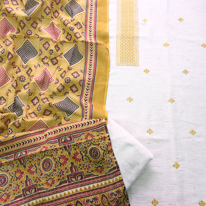 Aathiya Shell White with Yellow Thread Embroidered and Buti Work Cotton Suit Set