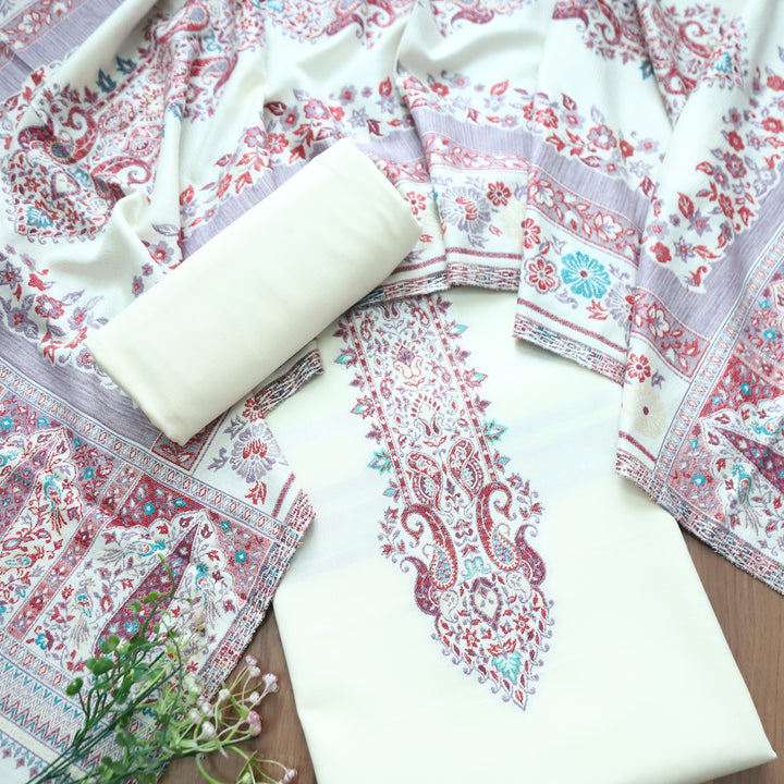 Darshani Pearl White Thread with Zari Neck Work Semi Pashmina Winter Set